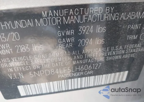 2020 Hyundai Elantra Sel z USA, uszkodzony, nr VIN 5NPD84LF5LH606127